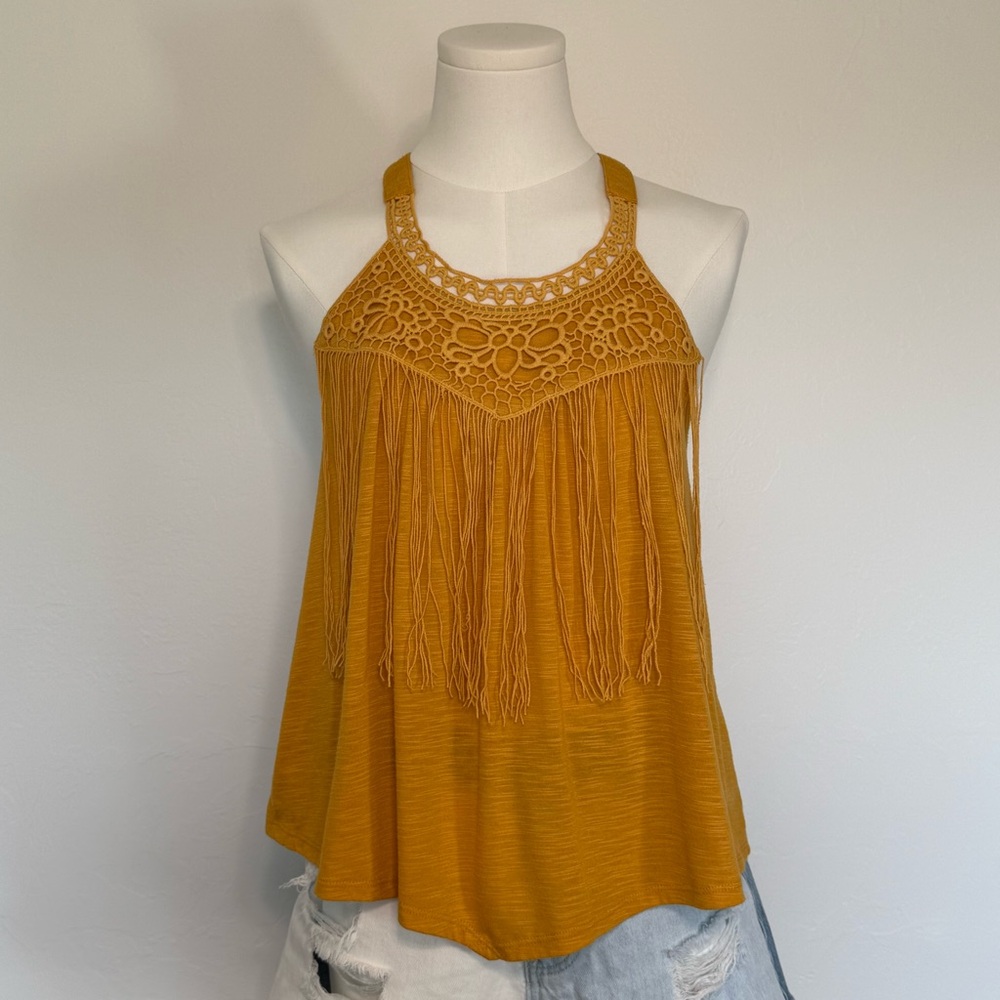 Jolt Boho Crochet Fringe Tank Mustard Yellow Festival Top Small